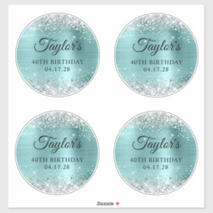 Glitter Zilver & Turquoise 40ste Verjaardag 6" Cir Sticker