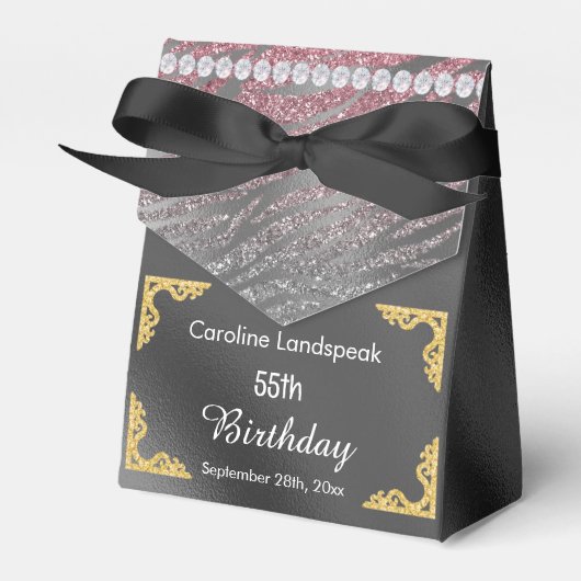 Glitter Zilveren Folie Roze Zebra Print Verjaardag Bedankdoosjes (Voorkant Zijde)