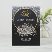 Glitter Zwart Roos Flowers Save the Date (Staand voorkant)