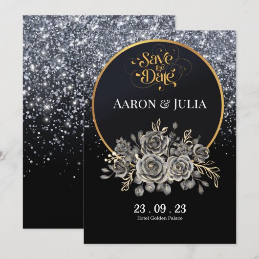 Glitter Zwart Roos Flowers Save the Date (Voorkant / Achterkant)