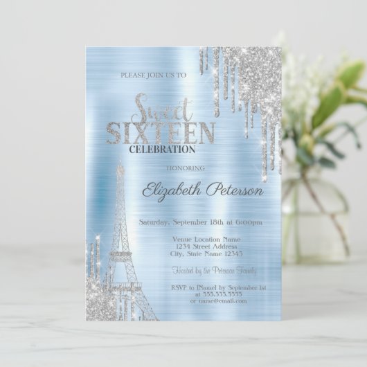 Glitterdruppels, Eiffeltoren Blauw Metallic Sweet Kaart (Staand voorkant)