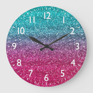 Glitterend blauw en donkerroze verloop glitter grote klok
