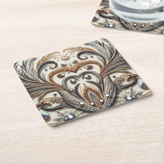 Glitterend bloemenpatroon met edelsteen vierkante kartonnen onderzetter (Schuin)