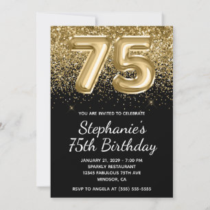 Glitterend Gouden Glitter Zwarte Ballon 75e Verjaa Kaart