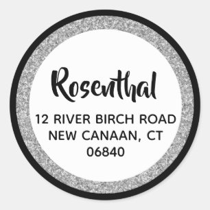 Glitterend retouradres Eenvoudig zwart en zilver Ronde Sticker