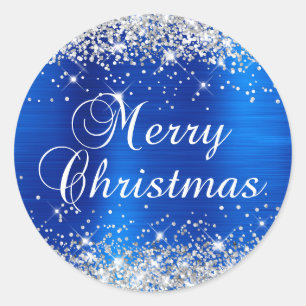 Glitterend zilver en koninklijk blauw Prettig kers Ronde Sticker