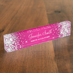 Glitterend Zilver Glitter Heet Roze Gradiënt Naambordje