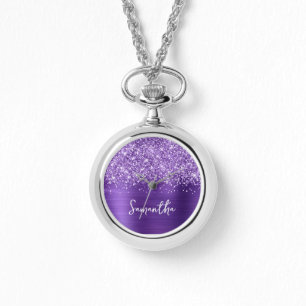 Glitterende Amethyst Paarse Glam Naam Horloge