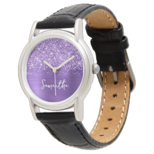 Glitterende Amethyst Paarse Glam Witte Naam Horloge