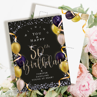 Glitterende Ballonnen 50e Verjaardag Zwart Briefkaart