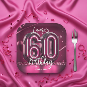 Glitterende Chique Hot Roze Neon 60e Verjaardagsfe Papieren Bordje