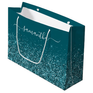 Glitterende donkerteal elegante handtekening naam groot cadeauzakje