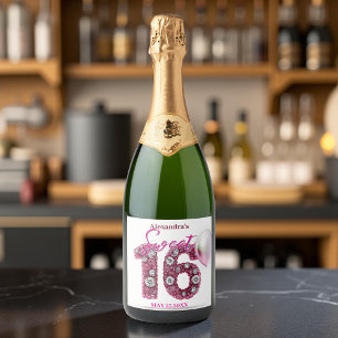 Glitterende Edelstenen en Roze Ballon Sweet 16 Sparkling Wijnetiket