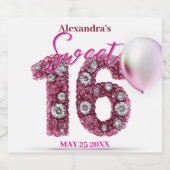 Glitterende edelstenen en roze ballon Sweet 16 Sparkling Wijnetiket (Enkel label)