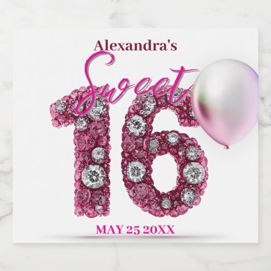 Glitterende edelstenen en roze ballon Sweet 16 Sparkling Wijnetiket (Enkel label)