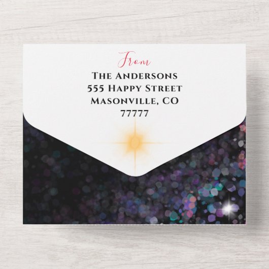 Glitterende gepersonaliseerde gezinsfoto's kerstka all in one uitnodiging (Achterkant)