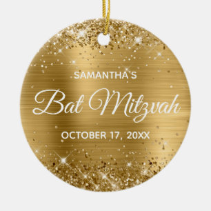 Glitterende Gouden Folie Bat Mitzvah Keramisch Ornament