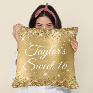 Glitterende Gouden Folie Glam Sweet 16 Kussen