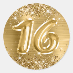 Glitterende gouden folie nummer 16 verjaardag ronde sticker