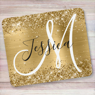 Glitterende Gouden Folie Zwart en Wit Monogram Muismat