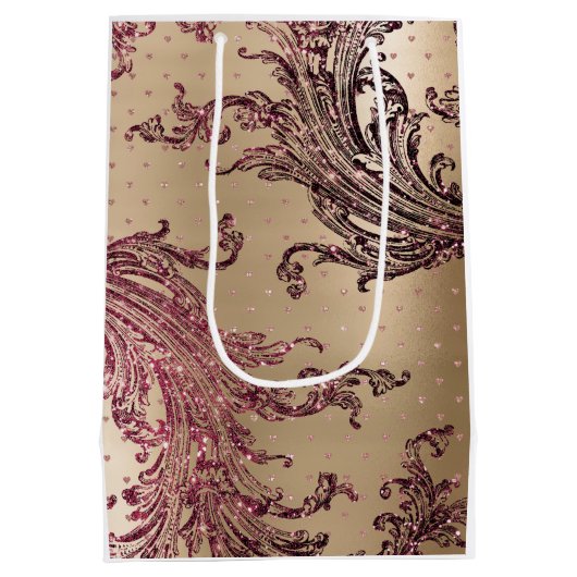Glitterende Gouden Glam Bourgondië Harten Bruiloft Medium Cadeauzakje (Achterkant)