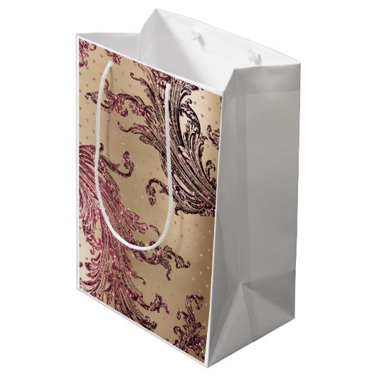 Glitterende Gouden Glam Bourgondië Harten Bruiloft Medium Cadeauzakje (Achterkant Gekanteld)