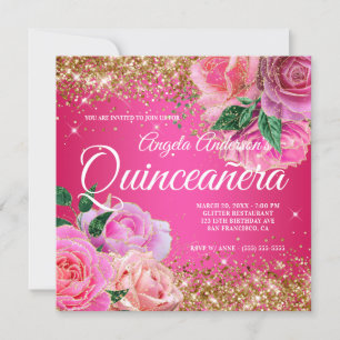 Glitterende Gouden Glans Roze Roos Glam Quinceañer Kaart