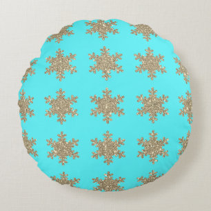 Glitterende Gouden Sneeuwvlokken Patronen Turquois Rond Kussen