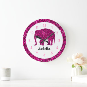 Glitterende hete roze Olifant Aangepaste naam Grote Klok