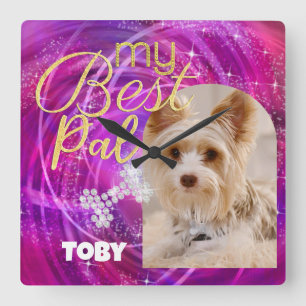 Glitterende huisdier hond foto mangenta vierkante klok
