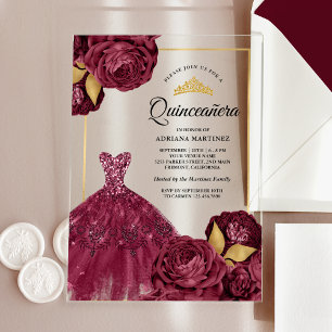 Glitterende jurk bordeauxrode bloemen gouden Quinc Acryl Uitnodigingen