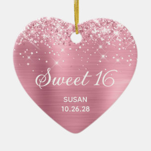 Glitterende Klassieke Roze Folie Sweet 16 Foto Keramisch Ornament