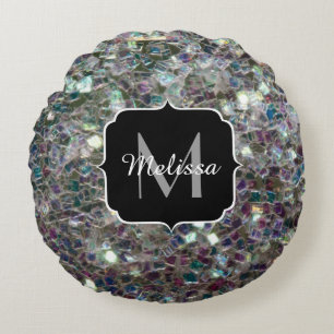 Glitterende kleurrijke zilveren mozaïek monogram rond kussen