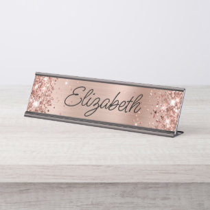 Glitterende Licht Roze Goud Folie Monoline Script Bureau Naambordje