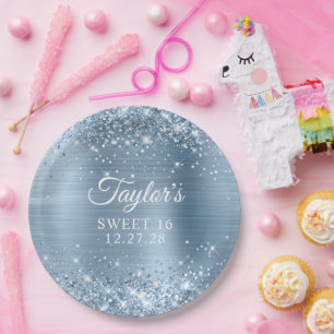 Glitterende lichtblauwe folie Sweet 16 Papieren Bordje