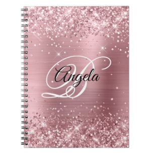 Glitterende lichtroze folie fancy monogram notitieboek