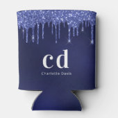 Glitterende navyblauwe druipende witte monogramnaa blikjeskoeler (Achterkant)