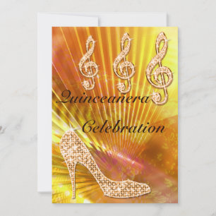Glitterende Oranje Muzieknote & Stiletto Quinceañe Kaart
