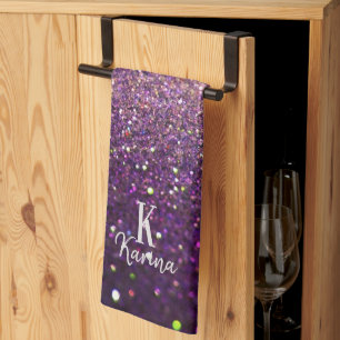 Glitterende paarse zilveren naam met monogram theedoek
