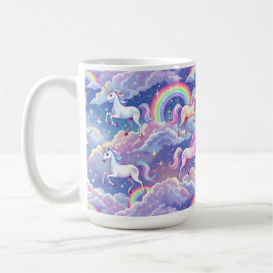 Glitterende regenboog en eenhoorns op wolken koffiemok