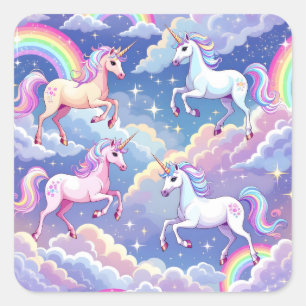 Glitterende regenboog en eenhoorns op wolken vierkante sticker