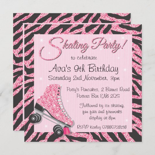Glitterende Roller Skate Feest Uitnodigingen met P (Voorkant / Achterkant)