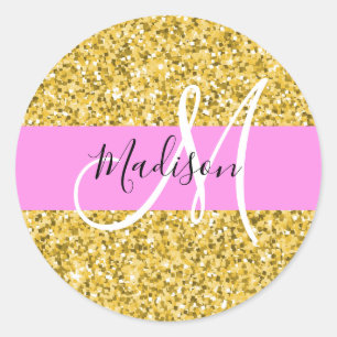 Glitterende Roze en Gouden Monogram Naam Ronde Sticker