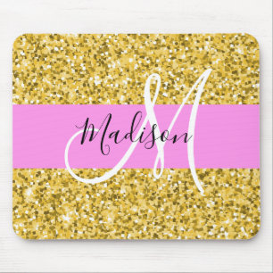 Glitterende Roze en Gouden Monogramnaam Muismat