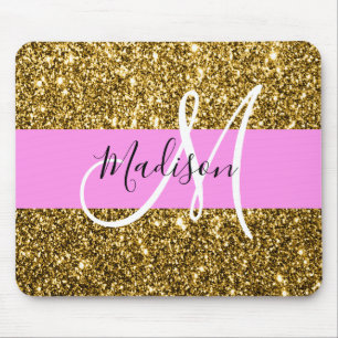 Glitterende Roze en Gouden Monogramnaam Muismat