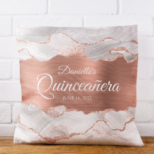 Glitterende Roze Goud en Witte Agate Quinceañera Kussen