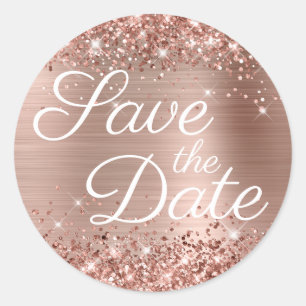 Glitterende Roze Gouden Elegante Bewaar de Datum Ronde Sticker