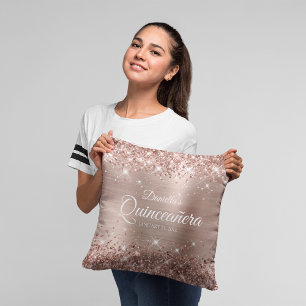 Glitterende Roze Gouden Folie 15 Quinceañera Kussen