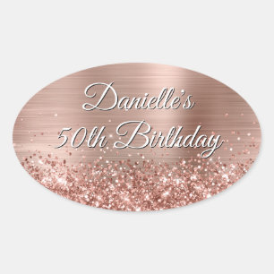 Glitterende Roze Gouden Folie 50e Verjaardag Ovale Sticker