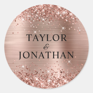 Glitterende Roze Gouden Folie Bruid & Bruidegom Hu Ronde Sticker
